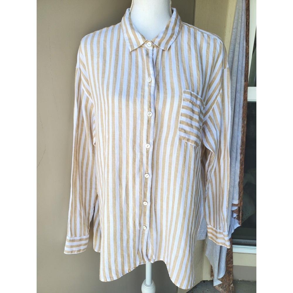 J Jill Love Linen Button Down Shirt Womens Large Tan Striped Long Sleeve Coastal